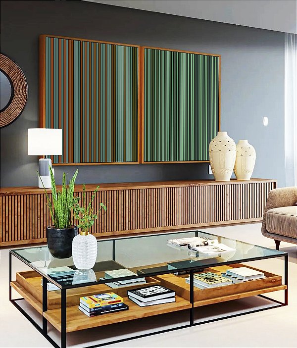 Duo de Quadros Abstrato Degradê Listras Verde Marrom Canvas Moldura