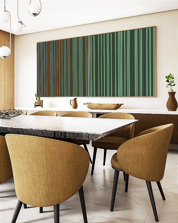 Duo de Quadros Quadrados Abstrato Degradê Listras Verde Marrom Canvas Moldura