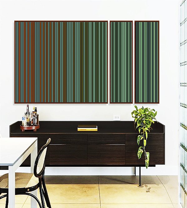 Trio de Quadros Estilizados Abstrato Degradê Listras Verde Marrom Canvas Moldura