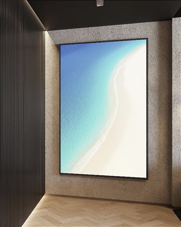 Quadro Vertical Mar Calmo Azul e Praia de Areia Branca Natureza Canvas Moldura