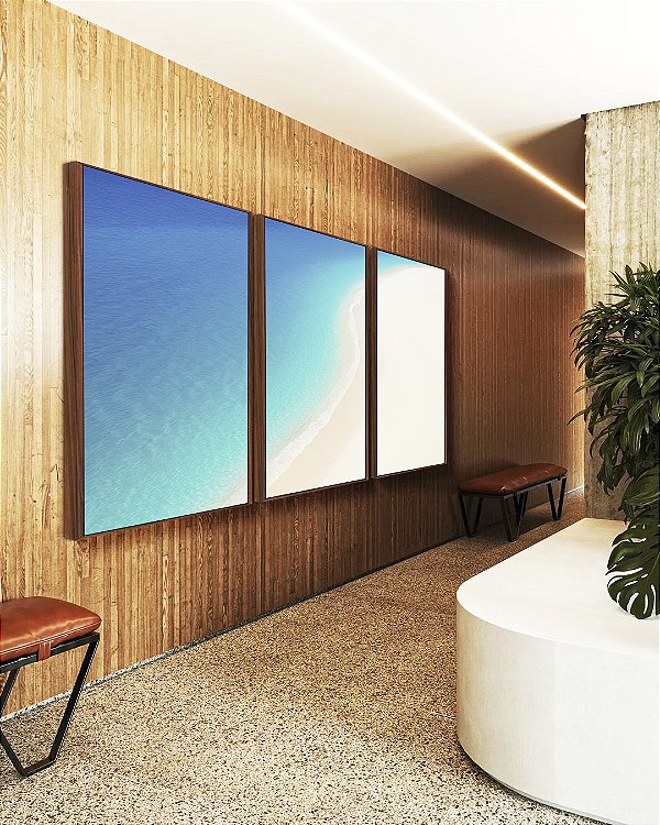 Trio de Quadros Mar Calmo Azul e Praia de Areia Branca Natureza Canvas Moldura