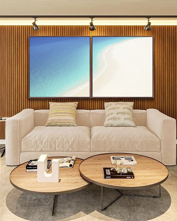 Duo de Quadros Quadrados Mar Calmo Azul e Praia de Areia Branca Natureza Canvas Moldura