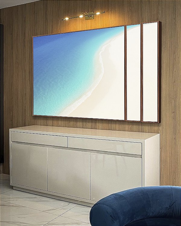 Trio de Quadros Estilizados Mar Calmo Azul e Praia de Areia Branca Natureza Canvas Moldura