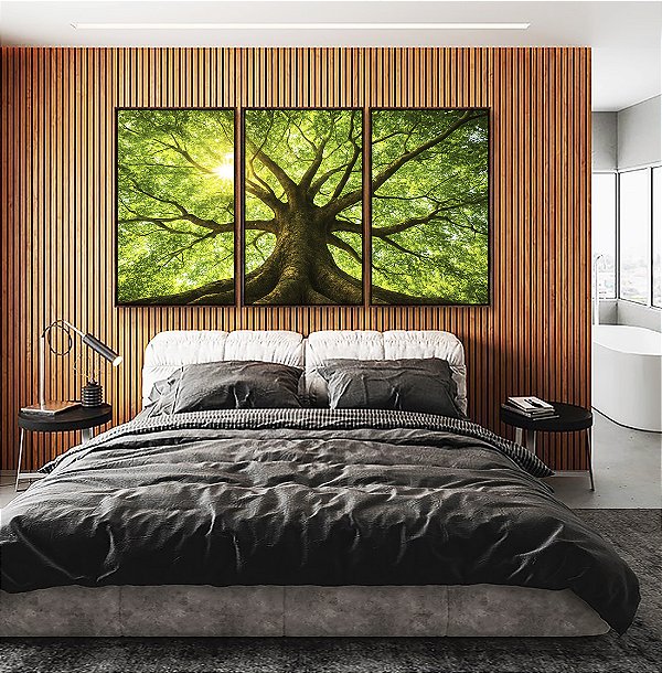 Trio de Quadros Árvore Folhas Verdes Luzes Reflexos do Sol Paisagem Canvas Moldura
