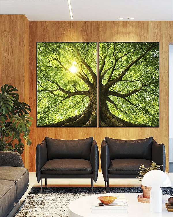 Duo de Quadros Árvore Folhas Verdes Luzes Reflexos do Sol Paisagem Canvas Moldura