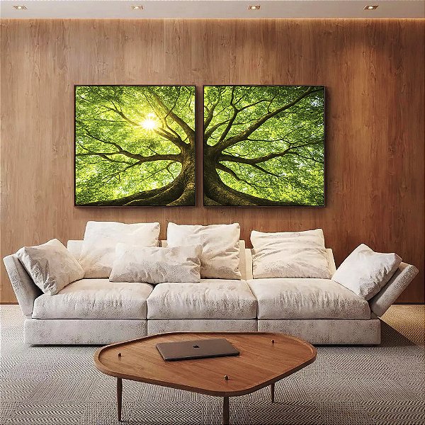 Duo de Quadros Quadrados Árvore Folhas Verdes Luzes Reflexos do Sol Paisagem Canvas Moldura