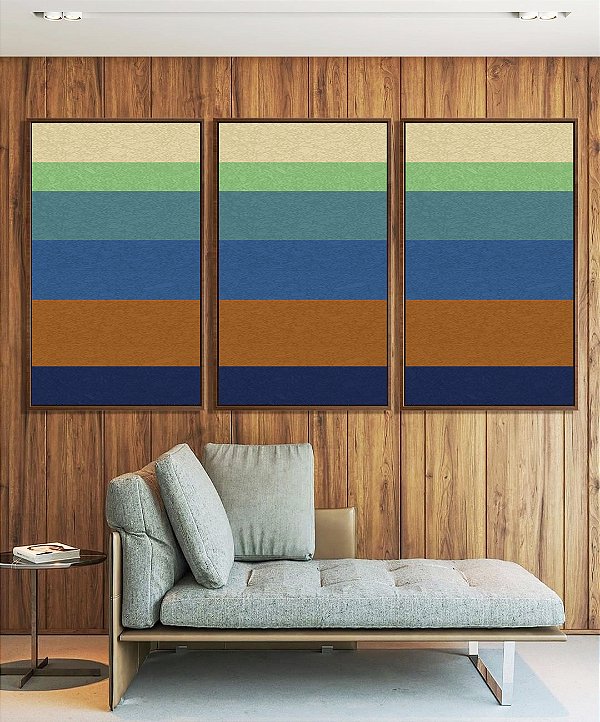 Trio de Quadros Abstrato Listras Azul Turquesa Laranja Canvas Moldura