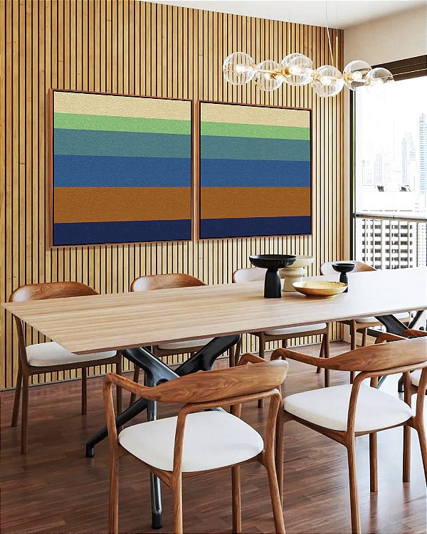 Duo de Quadros Quadrados Abstrato Listras Azul Turquesa Laranja Canvas Moldura