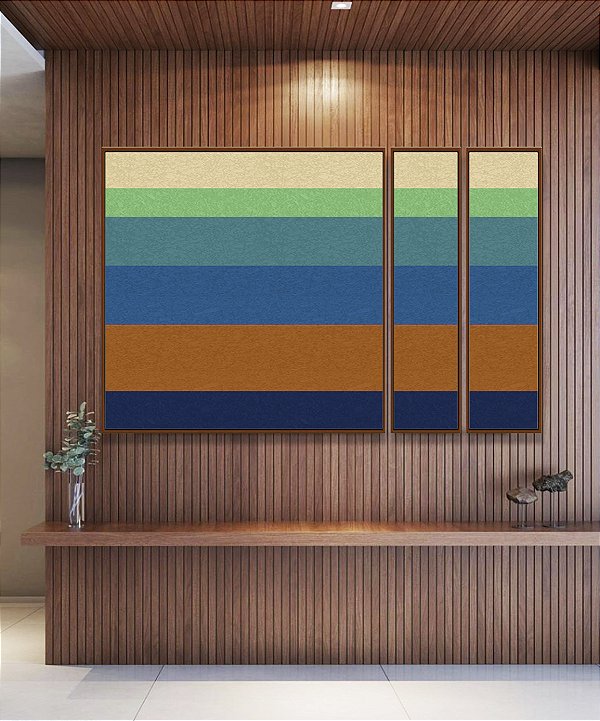 Trio de Quadros Estilizados Abstrato Listras Azul Turquesa Laranja Canvas Moldura