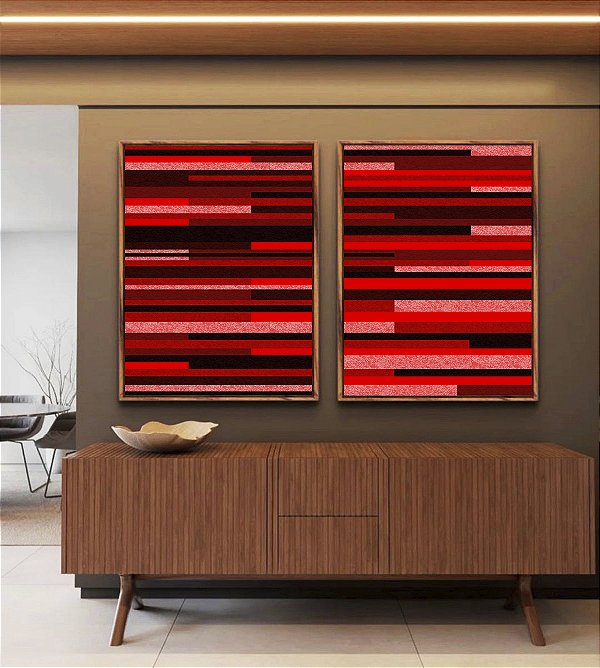 Duo de Quadros Abstrato Mosaico Geométrico Vermelho Vinho Preto Canvas Moldura