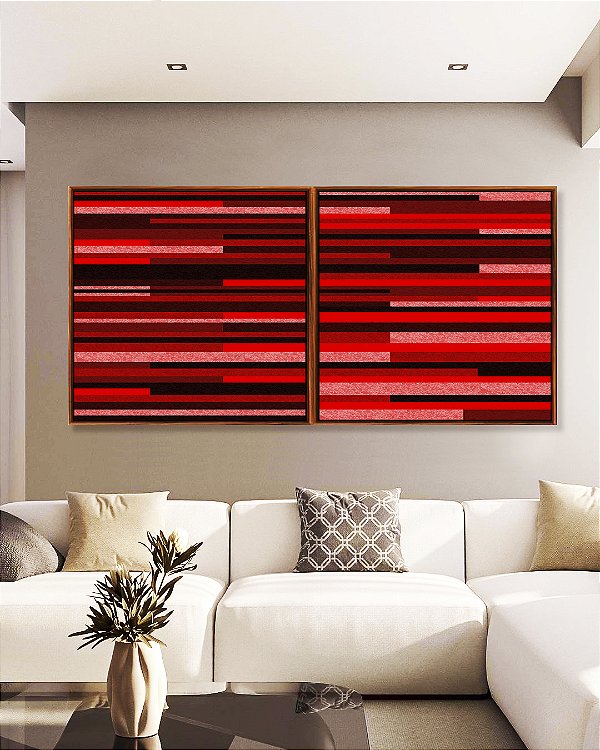 Duo de Quadros Quadrados Abstrato Mosaico Geométrico Vermelho Vinho Preto Canvas Moldura