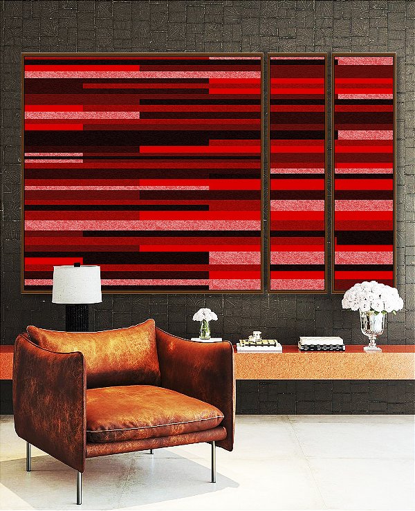 Trio de Quadros Estilizados Abstrato Mosaico Geométrico Vermelho Vinho Preto Canvas Moldura