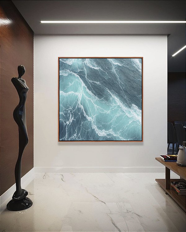 Quadro Quadrado Alto Mar Revolto Azul Natureza Canvas Moldura