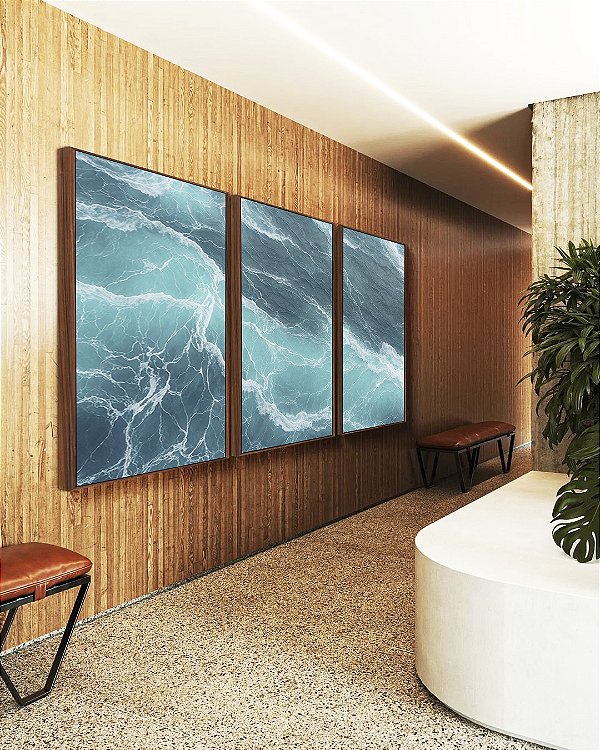 Trio de Quadros Alto Mar Revolto Azul Natureza Canvas Moldura