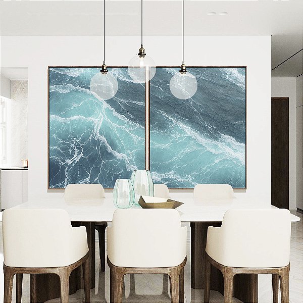 Duo de Quadros Alto Mar Revolto Azul Natureza Canvas Moldura