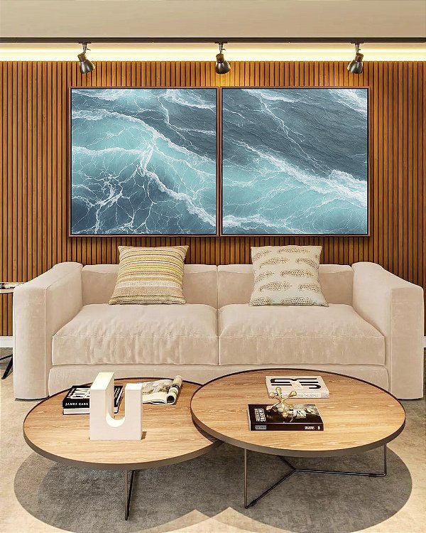 Duo de Quadros Quadrados Alto Mar Revolto Azul Natureza Canvas Moldura