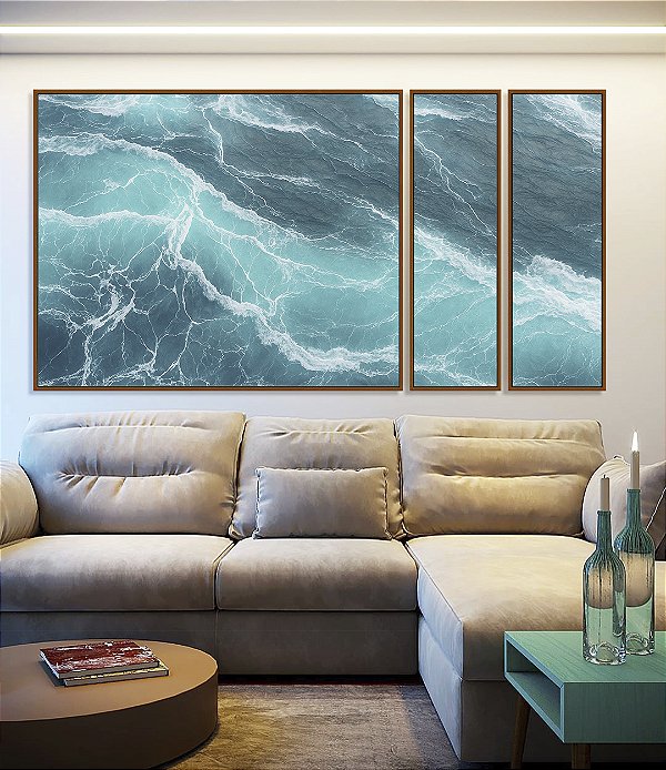 Trio de Quadros Estilizados Alto Mar Revolto Azul Natureza Canvas Moldura