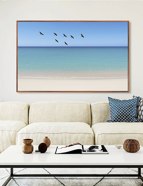 Quadro Horizontal Pássaros em Céu Claro Mar Azul Praia Branca Canvas Moldura