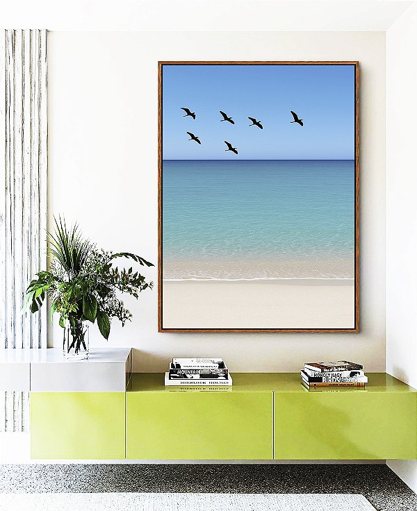 Quadro Vertical Pássaros em Céu Claro Mar Azul Praia Branca Canvas Moldura