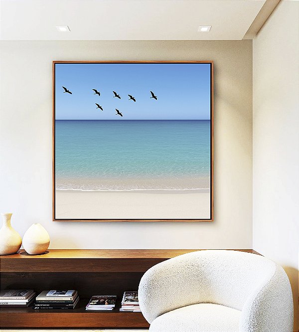 Quadro Quadrado Pássaros em Céu Claro Mar Azul Praia Branca Canvas Moldura