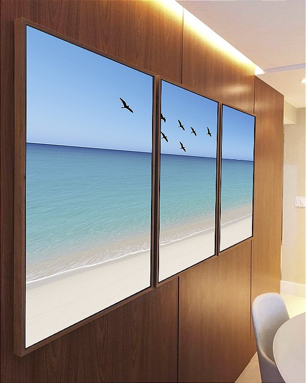 Trio de Quadros Pássaros em Céu Claro Mar Azul Praia Branca Canvas Moldura