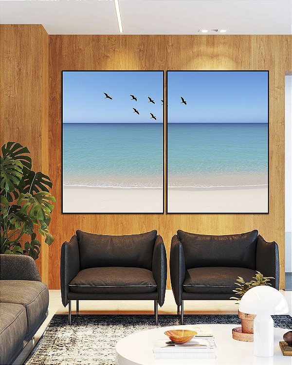 Duo de Quadros Pássaros em Céu Claro Mar Azul Praia Branca Canvas Moldura