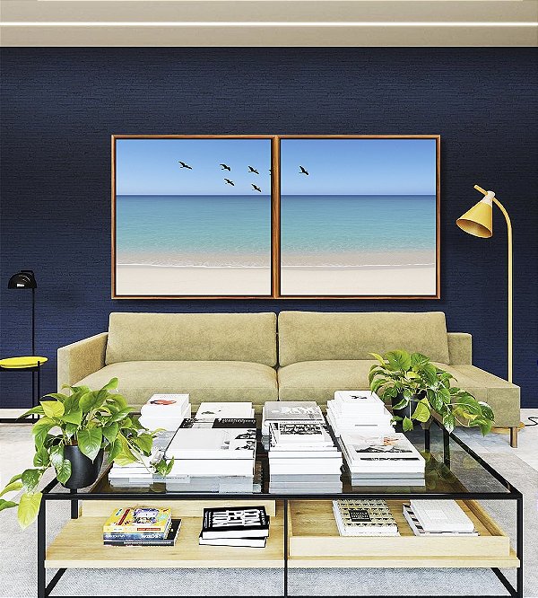 Duo de Quadros Quadrados Pássaros em Céu Claro Mar Azul Praia Branca Canvas Moldura