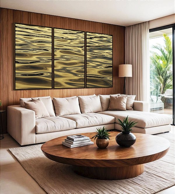Trio de Quadros Alto Mar Textura Natural Reflexos do Sol Natureza Canvas Moldura