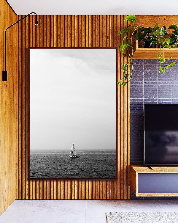 Quadro Vertical Barco em Mar Aberto Natureza Preto e Branco Canvas Moldura