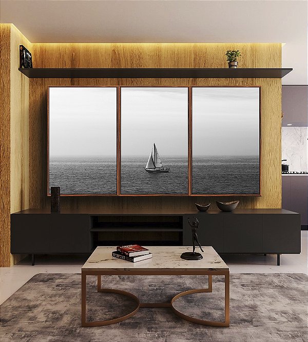 Trio de Quadros Barco em Mar Aberto Natureza Preto e Branco Canvas Moldura