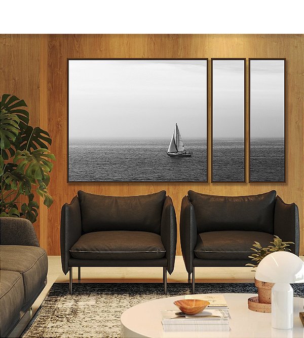 Trio de Quadros Estilizados Barco em Mar Aberto Natureza Preto e Branco Canvas Moldura