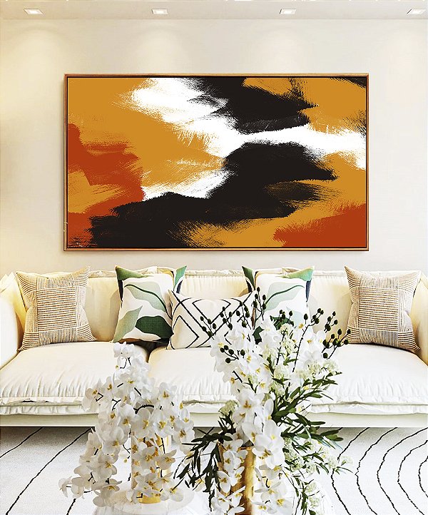 Quadro Horizontal Abstrato Efeito Pintura Cores Laranja Preto Branco Canvas Moldura