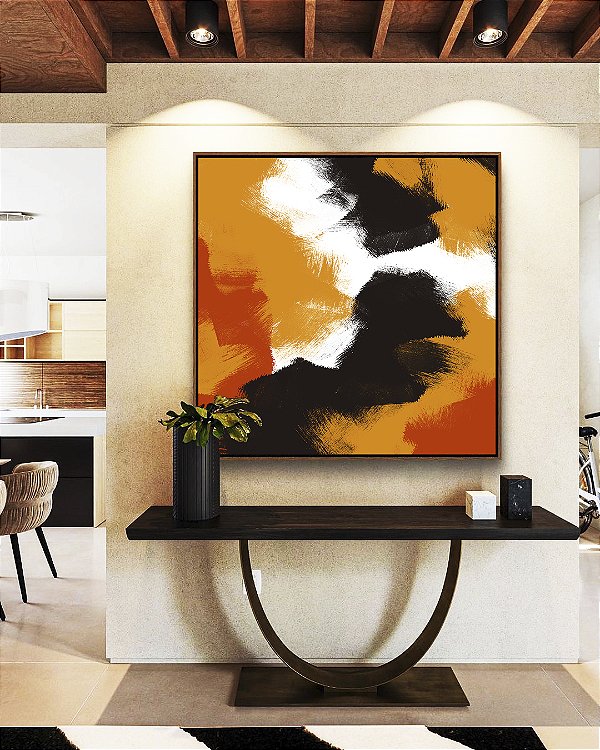 Quadro Quadrado Abstrato Efeito Pintura Cores Laranja Preto Branco Canvas Moldura