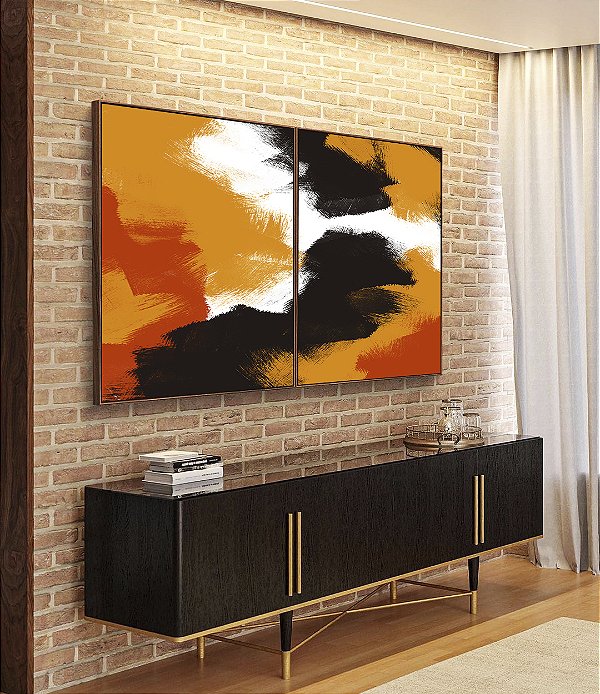 Duo de Quadros Abstrato Efeito Pintura Cores Laranja Preto Branco Canvas Moldura
