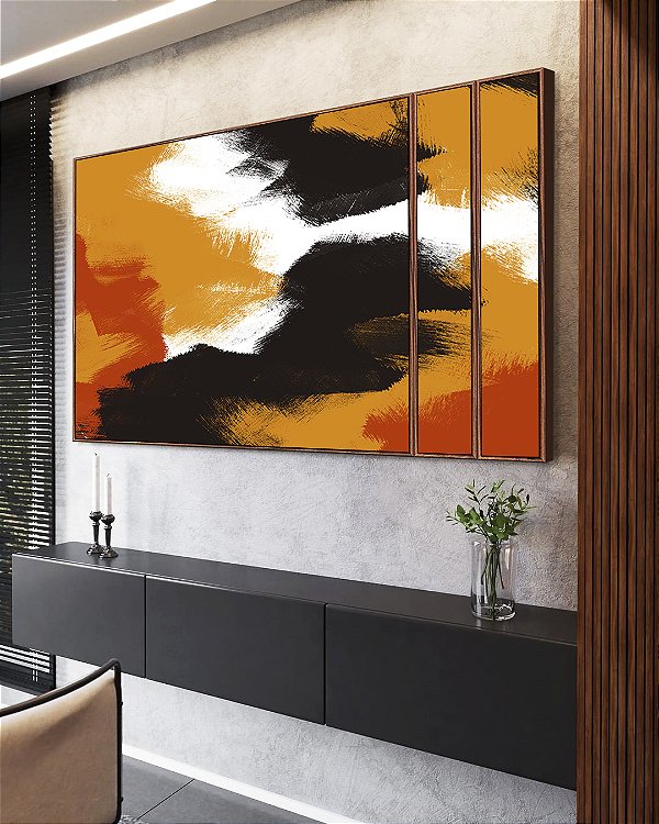 Trio de Quadros Estilizados Abstrato Efeito Pintura Cores Laranja Preto Branco Canvas Moldura