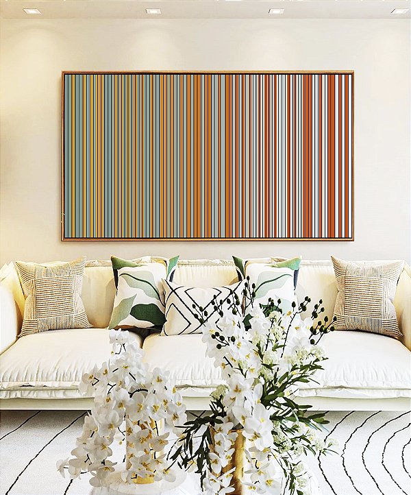 Quadro Horizontal Abstrato Listras Laranja Cinza Prateado Degradê Canvas Moldura