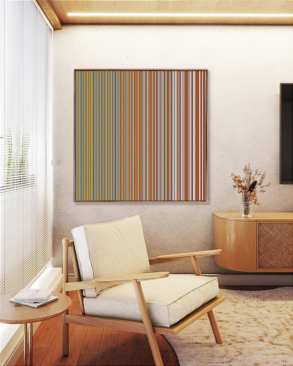 Quadro Quadrado Abstrato Listras Laranja Cinza Prateado Degradê Canvas Moldura