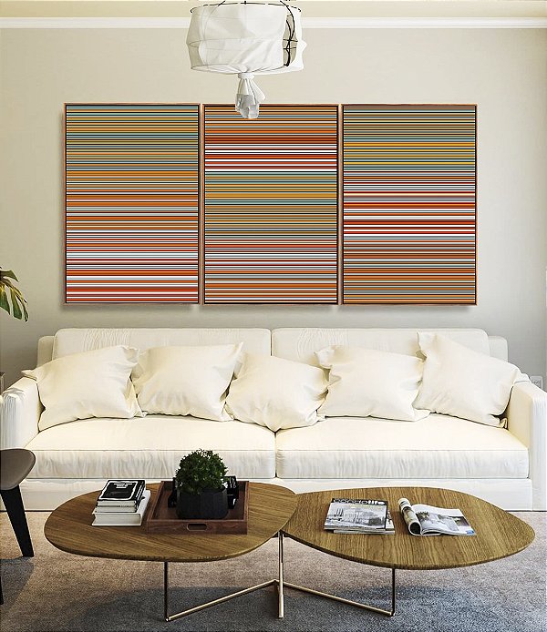 Trio de Quadros Abstrato Listras Laranja Cinza Prateado Degradê Canvas Moldura