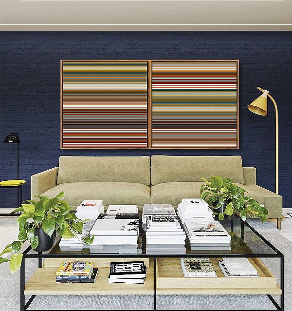 Duo de Quadros Quadrados Abstrato Listras Laranja Cinza Prateado Degradê Canvas Moldura