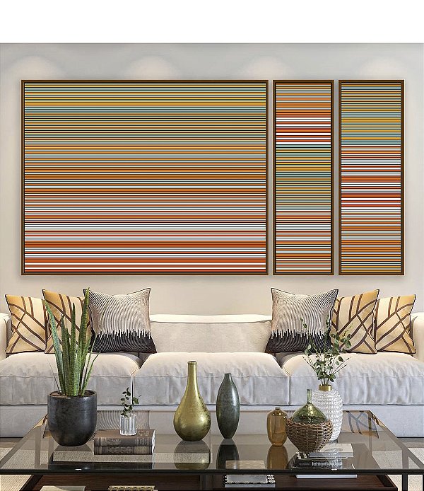 Trio de Quadros Estilizados Abstrato Listras Laranja Cinza Prateado Degradê Canvas Moldura
