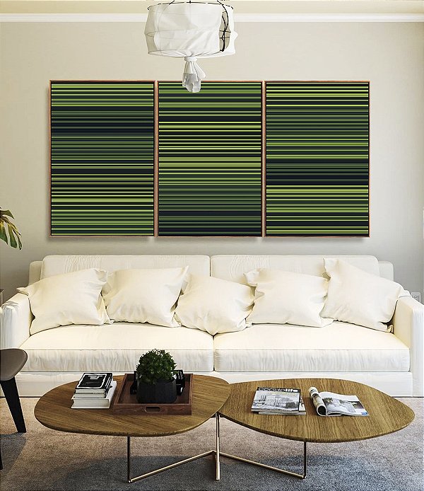 Trio de Quadros Abstrato Degradê Listras Geométrico Verde Canvas Moldura