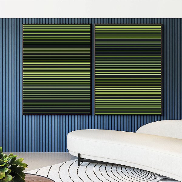 Duo de Quadros Abstrato Degradê Listras Geométrico Verde Canvas Moldura