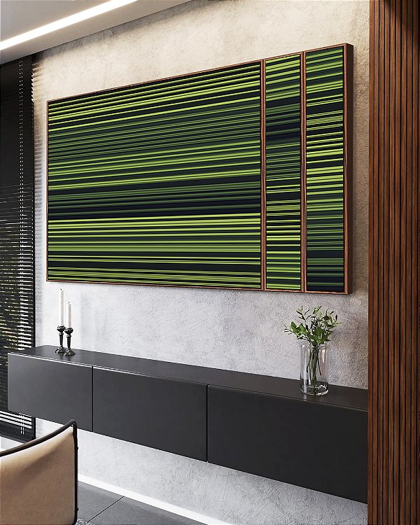 Trio de Quadros Estilizados Abstrato Degradê Listras Geométrico Verde Canvas Moldura