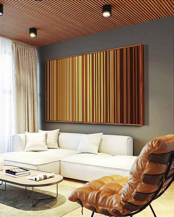 Quadro Horizontal Abstrato Listras Degradê Amarelo Dourado Marrom Canvas Moldura