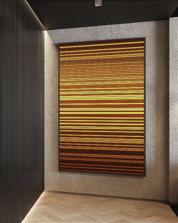 Quadro Vertical Abstrato Listras Degradê Amarelo Dourado Marrom Canvas Moldura