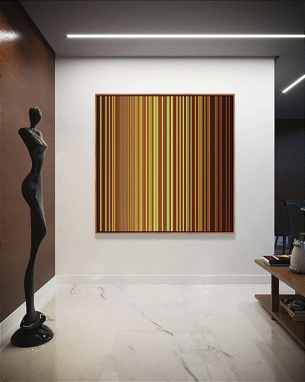 Quadro Quadrado Abstrato Listras Degradê Amarelo Dourado Marrom Canvas Moldura