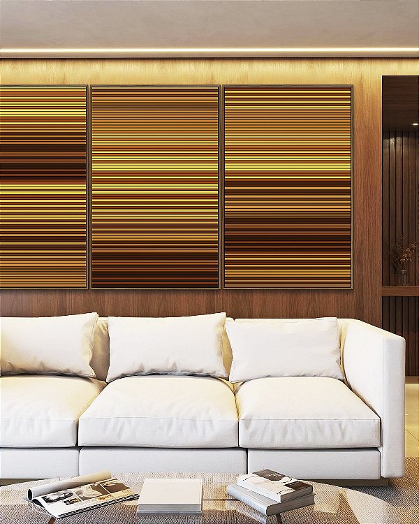 Trio de Quadros Abstrato Listras Degradê Amarelo Dourado Marrom Canvas Moldura