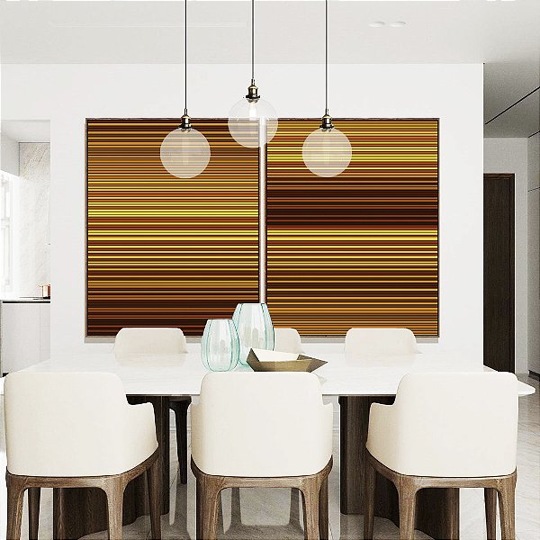 Duo de Quadros Abstrato Listras Degradê Amarelo Dourado Marrom Canvas Moldura