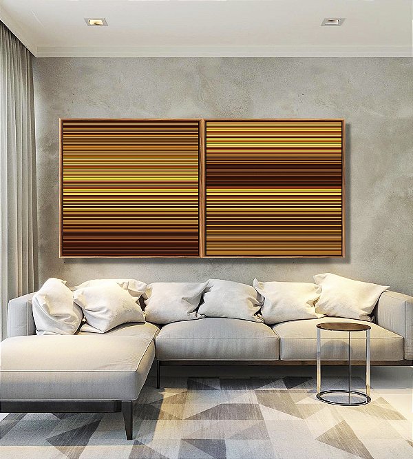 Duo de Quadros Quadrados Abstrato Listras Degradê Amarelo Dourado Marrom Canvas Moldura