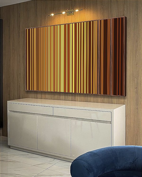 Trio de Quadros Estilizados Abstrato Listras Degradê Amarelo Dourado Marrom Canvas Moldura